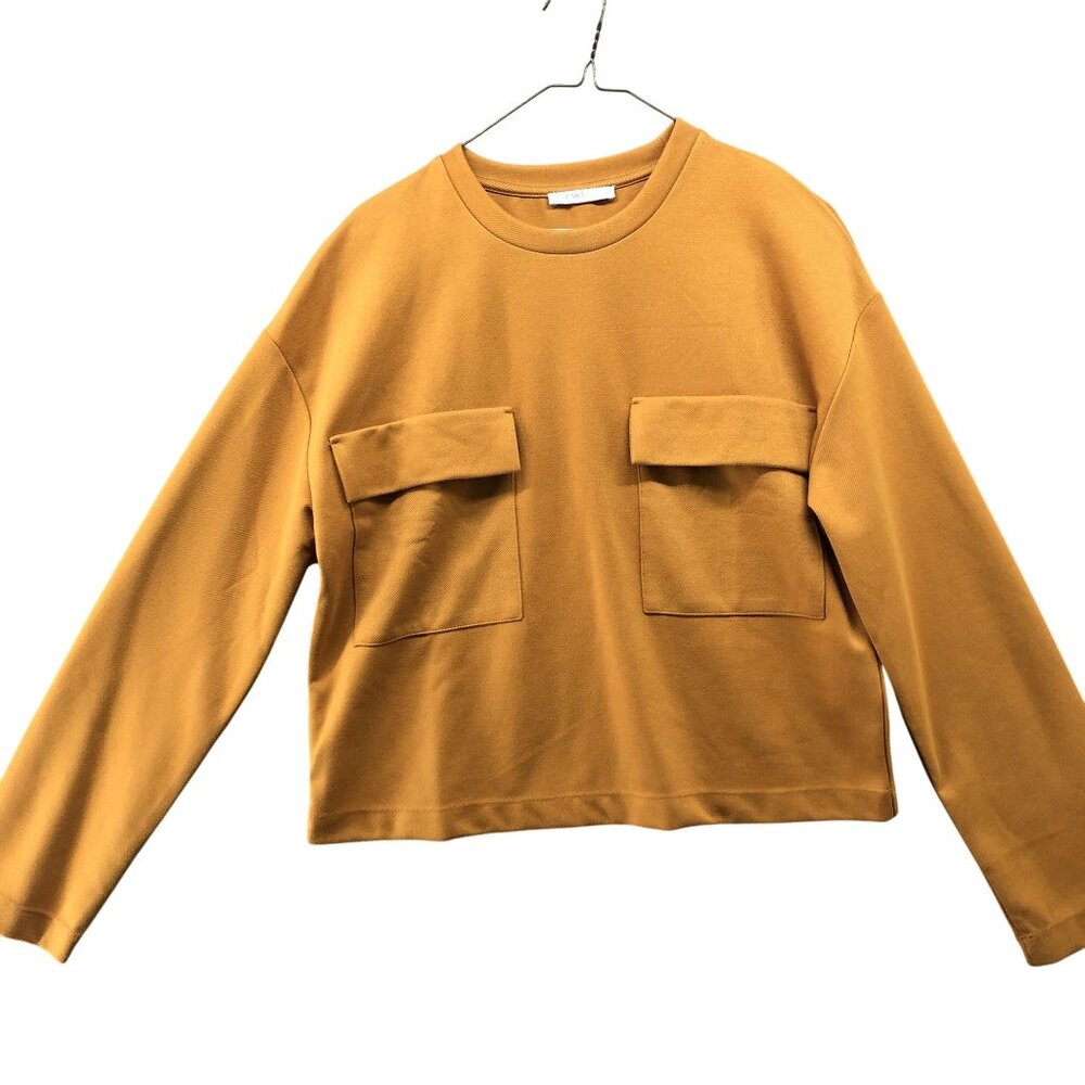 Zara Long Sleeve Top Womens M Mustard Yellow Flap Pocket Boxy Crewneck Thick